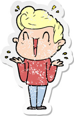 distressed sticker of a cartoon excited man