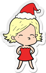 hand drawn sticker cartoon of a woman wearing santa hat