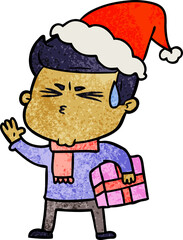 hand drawn textured cartoon of a man sweating wearing santa hat
