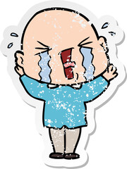 distressed sticker of a cartoon crying bald man