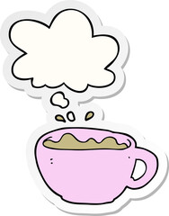 cartoon coffee cup with thought bubble as a printed sticker