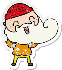 distressed sticker of a happy man with beard and winter hat