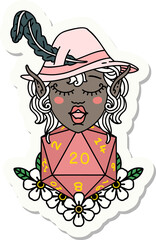 sticker of a elf bard character with natural twenty dice roll