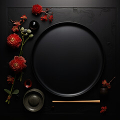 eastern style black and red background with flowers with plate
