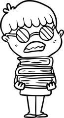 cartoon boy with books wearing spectacles
