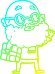 cold gradient line drawing of a cartoon curious man with beard sunglasses and present