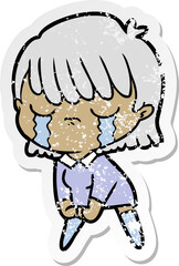 distressed sticker of a cartoon woman crying