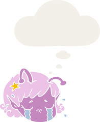 cartoon alien space girl face crying with thought bubble in retro style