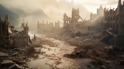 Ruined architecture of the Dead City. Post-apocalypse concept. After-war landscape concept. 