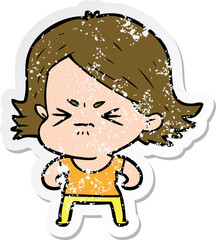 distressed sticker of a cartoon angry girl