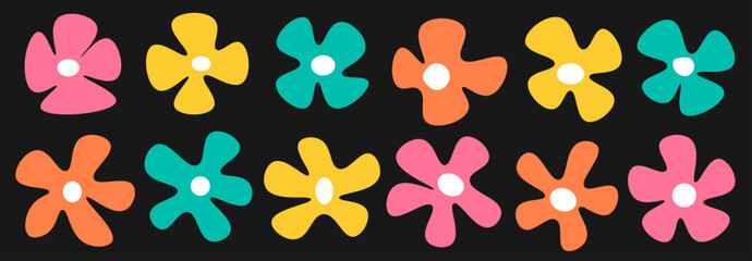 Multicolored flowers of different sizes on a black background. Suitable for gift cards, wedding invitations, children's books.