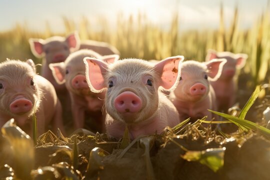 Piglets on a farm, cute little pink pigs looking curious, agricultural animal husbandry