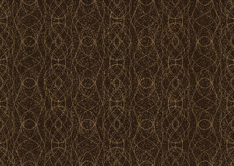 Hand-drawn unique abstract symmetrical seamless gold ornament with golden glittery splatter on a dark brown background. Paper texture. Digital artwork, A4. (pattern: p10-1c)
