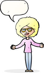 cartoon woman wearing spectacles with speech bubble