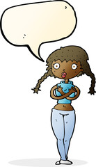 cartoon offended woman covering herself with speech bubble