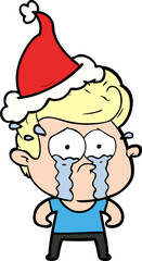 hand drawn line drawing of a crying man wearing santa hat