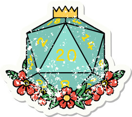 grunge sticker of a natural 20 D20 dice roll with floral elements