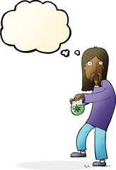 cartoon hippie man with bag of weed with thought bubble