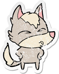 distressed sticker of a cartoon wolf whistling