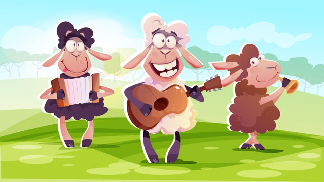 Baa Baa Black Sheep concept. Poster with three cute sheep with musical instruments. Farm animals with accordion, guitar and trumpet sing kids song. Book cover design. Cartoon flat vector illustration © Rudzhan