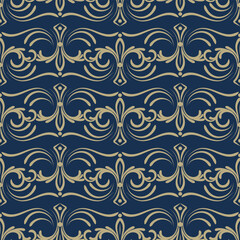 Ornamental seamless pattern with curly waves. Blue and golden abstract vector creative motif for textile, walpaper, packaging, decoration
