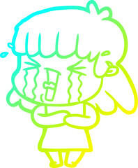 cold gradient line drawing of a cartoon woman