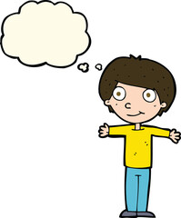 cartoon happy boy with open arms with thought bubble