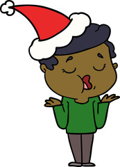 hand drawn line drawing of a man talking and shrugging shoulders wearing santa hat