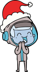 happy hand drawn line drawing of a astronaut wearing santa hat