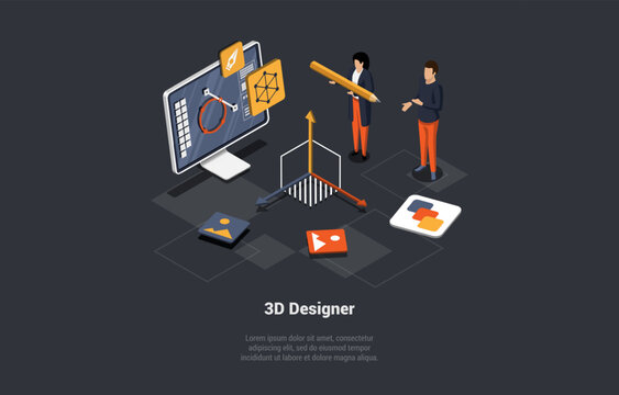 3D Design And Freelance Work. Creative Team Of Graphic Designers. Designers Team Make Artwork Of Illustration On Computer Using Pen Tool. Workspace of Digital Artist. Isometric 3d Vector Illustration