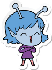 sticker of a cartoon happy alien girl