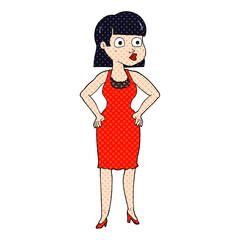 freehand drawn cartoon woman in dress with hands on hips