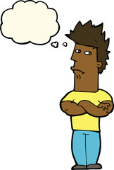 cartoon man sulking with thought bubble