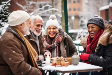 Foto op Plexiglas Small group of senior friends having fun in cafe in winter. © Maria