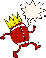 football with crown cartoon with speech bubble in comic book style