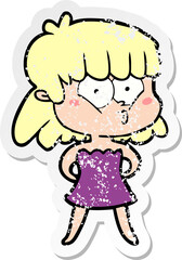 distressed sticker of a cartoon whistling girl