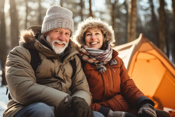 Obraz premium Happy couple in winter park in camping.
