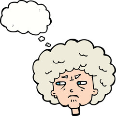 cartoon bitter old woman with thought bubble