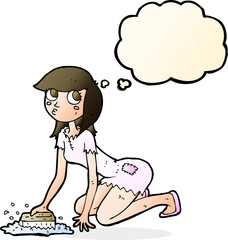 cartoon cinderella scrubbing floors with thought bubble