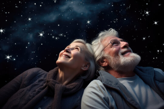 Portrait Of Happy Senior Couple Looking At Starry Dark Sky.