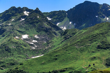 Fototapeta na wymiar Large, high, green mountains, snow on the peaks, summer, sunny day, Abkhazia, forest.
