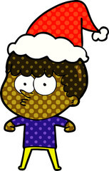 hand drawn comic book style illustration of a curious boy wearing santa hat