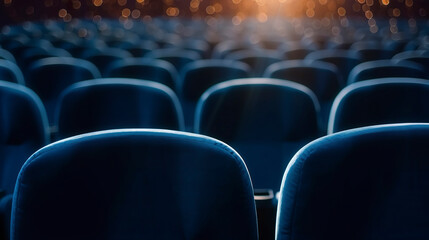 Fototapeta na wymiar Rows of empty seats in a dimly lit cinema. Seats in blue tones with bokeh effect highlighted in the stillness of the cinema.