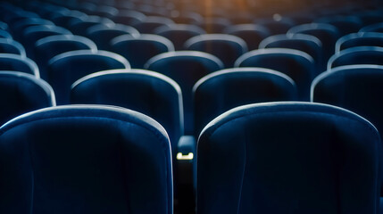 Obraz premium Rows of empty seats in a dimly lit cinema. Seats in blue tones with bokeh effect highlighted in the stillness of the cinema.
