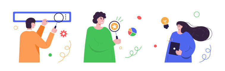 Innovative business strategy scene set. New idea scene. Man and woman search business solution. Finding ideas concept. usiness trend design thinking business opportunity metaphors. Vector illustration