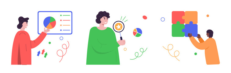 Business concept illustrations. haracters analyzing investments, celebrating financial success and money growth. Teamwork scene, vector illustration