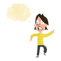 cartoon worried man pointing with thought bubble