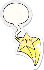 cartoon shooting star with speech bubble distressed distressed old sticker