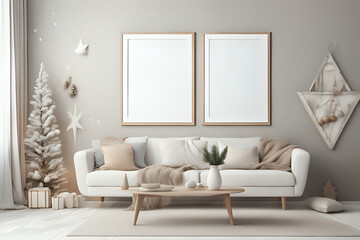 Two blank vertical photo frame mock up in scandinavian style living room interior, modern living room interior background, christmas decorations and cozy sofa