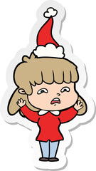 hand drawn sticker cartoon of a worried woman wearing santa hat